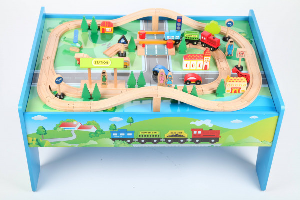 Holzeisenbahn Spielzeugeisenbahn Set Tisch + 70 Teile